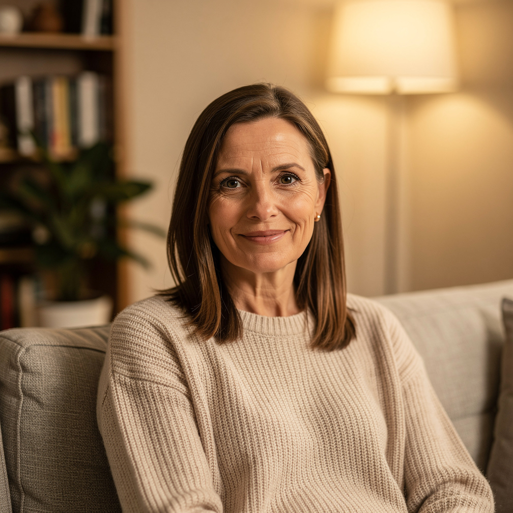 Portrait of a middle-aged Belgian woman smiling warmly indoors
