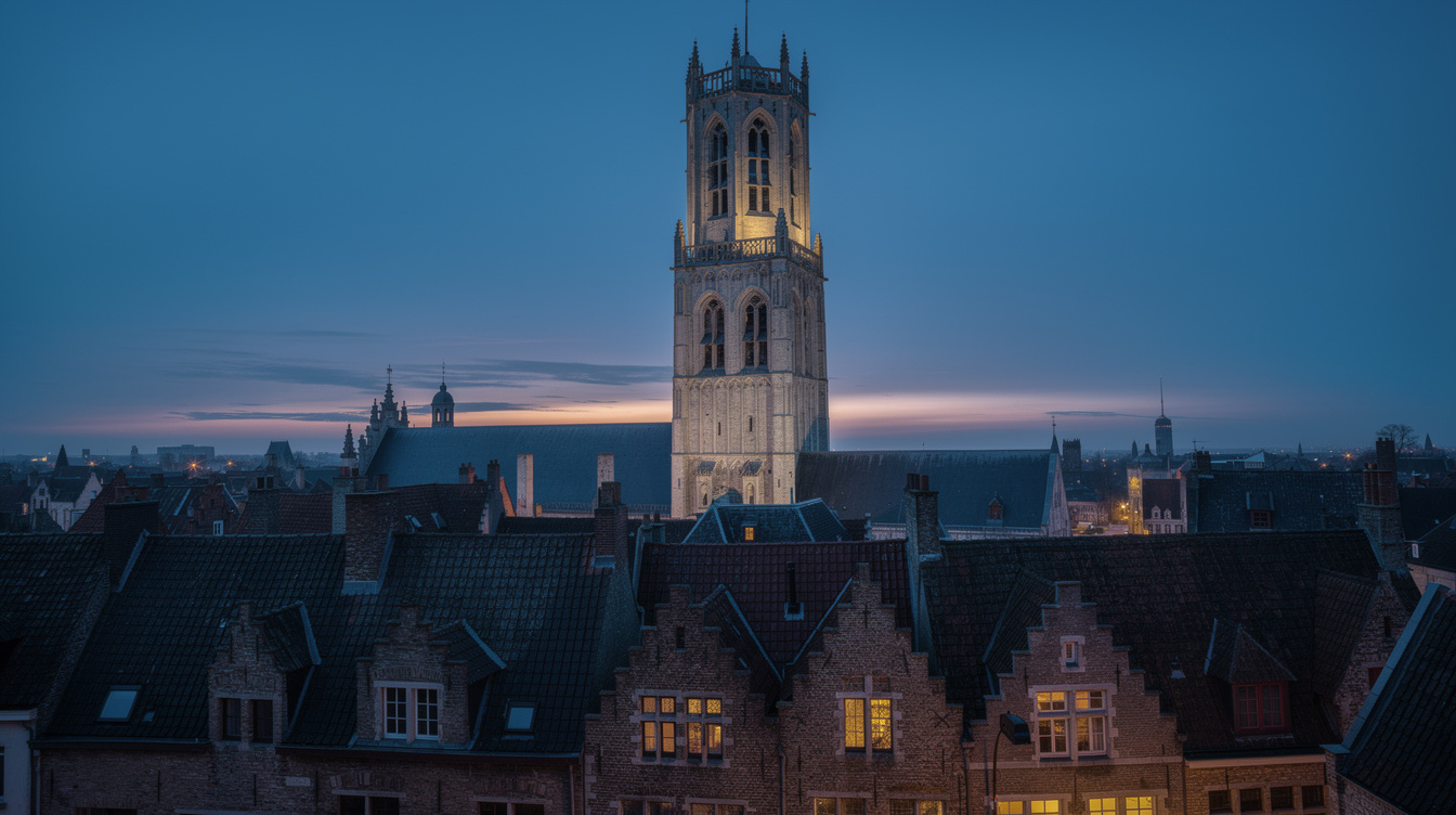 Belfry tower of Ghent glowing at dusk over quiet rooftops