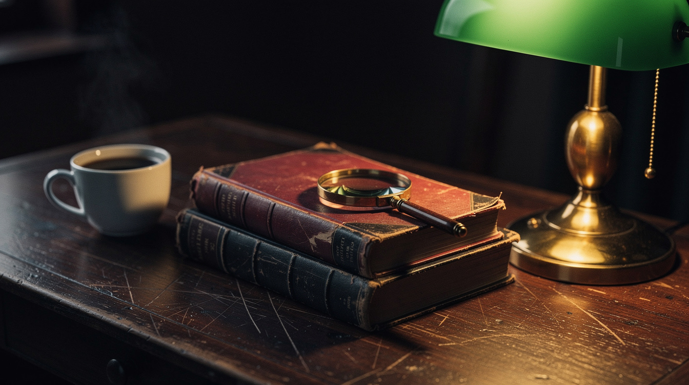 Stack of vintage detective novels with a magnifying glass on a wooden desk lit by lamplight